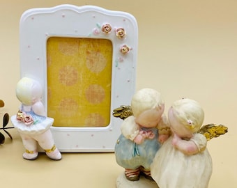 Baby photo frame, chubby angel baby figurine set, pastel colors with gold, porcelain nursery ballerina picture frame, cherub twins decor