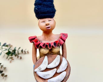 Clay folk art woman sculpture, vintage ethnic figurine, Jamaican / Mexican hand painted market woman with wool hair