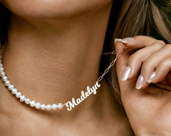 Pearl Name Necklace, Old English Name Pendant, Name Jewelry, Mother's Day Jewelry , Pearl Necklace With Name, Gift For Her, Bridesmaid Gift