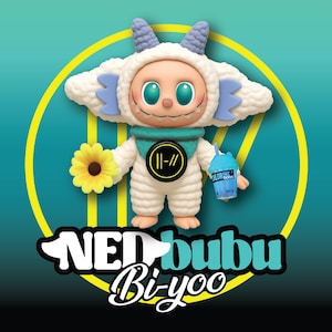 May include: A collectible Ned bubu Bi-yoo figure in a white sheep costume with blue accents, holding a yellow sunflower and a blue drink. The figure has a teal scarf and a black and yellow circular emblem. The figure is set against a teal background with a yellow circle.