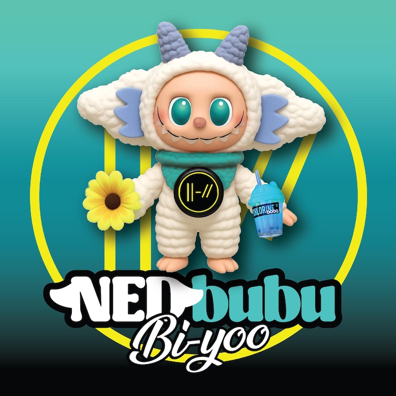 May include: A collectible Ned bubu Bi-yoo figure in a white sheep costume with blue accents, holding a yellow sunflower and a blue drink. The figure has a teal scarf and a black and yellow circular emblem. The figure is set against a teal background with a yellow circle.