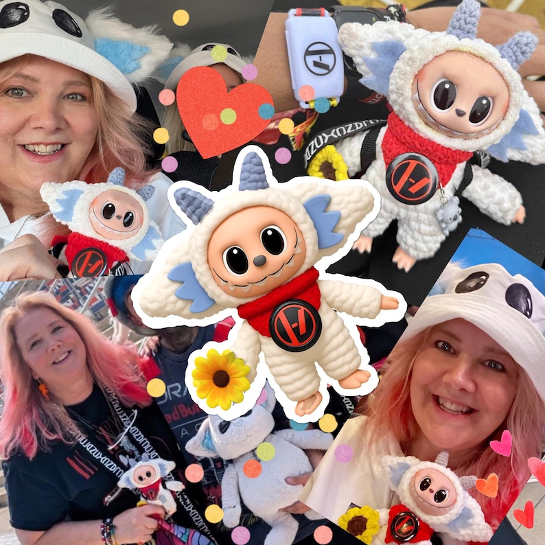 May include: A collage of images showcasing a plush toy with a cream body, blue details, and a red scarf. The toy has a smiling face and is held by a person wearing a white hat with blue accents. The hat has black spots.