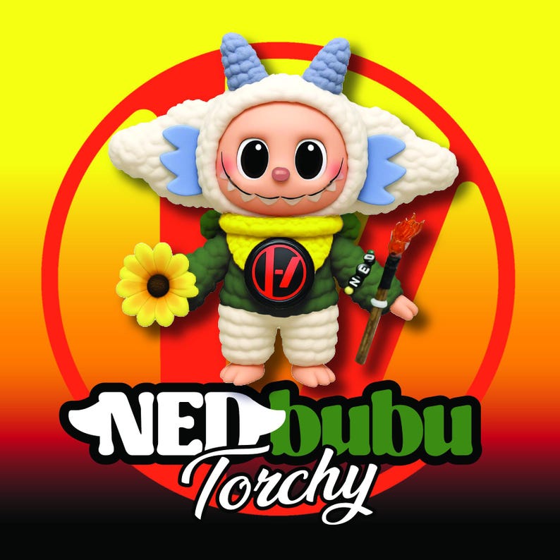 May include: A figurine of Ned Bubu Torchy. The character is dressed in a white hooded outfit with blue details, a green jacket, and cream-coloured trousers. It holds a sunflower and a torch. The background is a gradient of yellow, orange, and red.