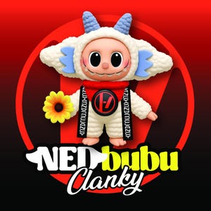 May include: A cartoon figure in a sheep costume, holding a yellow flower. The figure has a red scarf with a logo and text that reads "NED bubu Clanky" in white and yellow. The background is red.