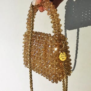 Bolso de perlas, bolso de cristal, bolso de cuentas hecho a mano, bolso de cuentas, bolso de cristal beige, mini bolso de cristal, elegante bolso de noche, regalo de Navidad color champán