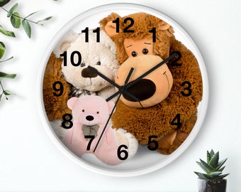 teddy bear Wall Clock, nursery room clock, baby room, kids room, love teddy bear clock, brown bear clock, baby shower, birthday