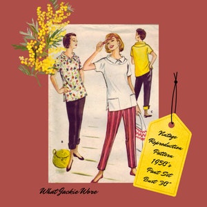 May include: Vintage reproduction pattern for a 1950's pant set. The pattern is for a bust size of 30 inches. The image shows three people wearing the pattern. The woman on the left is wearing a floral print top and black pants. The woman on the right is wearing a white top with a red and white striped pant. The man is wearing a yellow shirt and black pants.