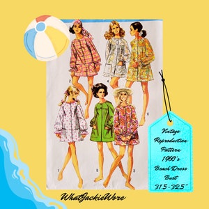 May include: Vintage reproduction sewing pattern for a 1960's beach dress. The pattern includes six different dress styles with various floral and geometric prints. The pattern is for a bust size of 31.5-32.5 inches.