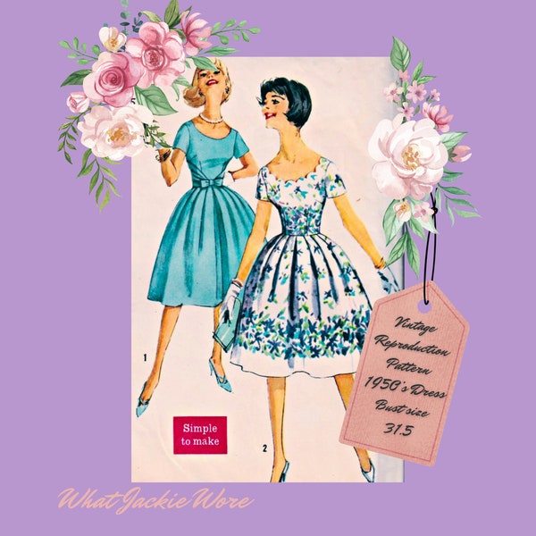 Sewing Pattern Vintage Dress PDF- 1950's Prom Dress- Bust 31.5"