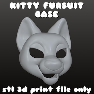 Puede incluir: Base de fursuit de gatito blanco impresa en 3D con orejas grandes, aberturas para los ojos y boca sonriente. El texto "KITTY FURSUIT BASE" está en la parte superior y "stl 3d print file only" en la inferior.