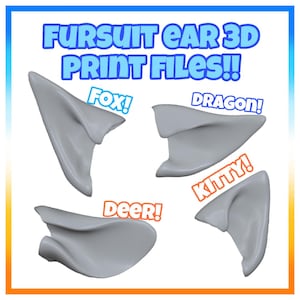 Puede incluir: Imagen que presenta cuatro diseños de orejas de fursuit grises impresas en 3D: zorro, dragón, ciervo y gatito. El texto "FURSUIT EAR 3D PRINT FILES!!" se muestra en una fuente de burbujas azul. Cada tipo de oreja está etiquetado.