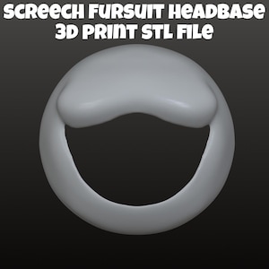 Può includere: Una base per testa di fursuit grigia stampata in 3D. La base della testa è circolare con un design liscio e arrotondato. Il testo "SCREECH FURSUIT HEADBASE 3D PRINT STL FILE" è stampato nella parte superiore dell'immagine.