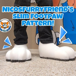 May include: A pair of white furry foot paws with black trim. The foot paws are worn by a person wearing black trousers. The text "NICOSFURRYFRIEND'S SLIM FOOTPAW PATTERN!" is visible in the image.