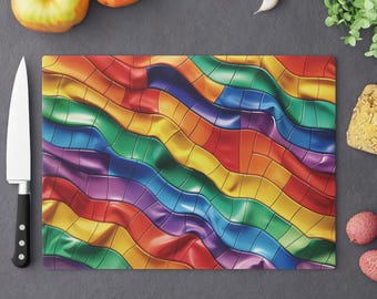 Tabla de cortar de vidrio templado con mosaico arcoíris: arte de cocina vibrante