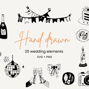 Lot de mariage dessiné à la main, icônes d'illustration de mariage pour invitation, modifiables sur Canva, griffonnage de mariage dans un style fantaisiste et original en SVG