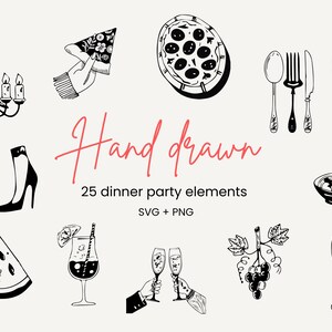 Lot de dîners dessinés à la main, icônes d'illustration pour invitation, modifiables sur Canva, doodle de dîner dans un style fantaisiste et original en SVG