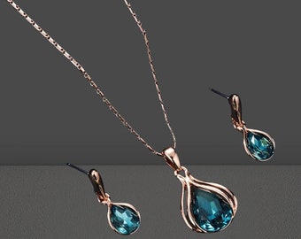 Waterdruppelvorm hanger ketting, druppel oorbellen set voor vrouwen, meisjes kunstmatige kristallen ketting, unisex sieraden ketting, sieraden cadeauset