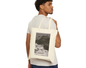 Cotton Canvas Tote Bag, Black and White, Ocean, Rocky beach, Fisherman, California, Summer