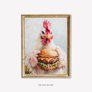 Whimsical Hamburger Oil Painting, Fast Food Kitchen Decor, Hamburger Poster, Retro Burger Print, Funny Kitchen Prints, Funny Food Wall Art.