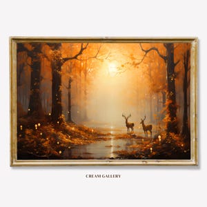 Majestic Autumn Forest Wall Art Print, Vintage Oil Painting with Deer by a Tranquil Stream in Golden Fall Tones, Moody Wall Art Autumn.