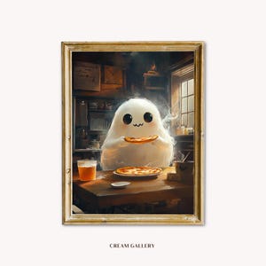 Delicia de pizza fantasmal en la acogedora cocina, pintura al óleo vintage de pizza feliz, póster para pintar, linda decoración de Halloween, regalo para amantes de la pizza.