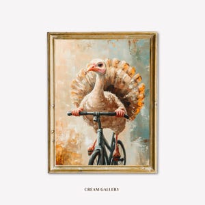 Vintage Turkey Bicycle Wall Art Print, Boho Minimalist Digital Art, Beige Oil Painting Style, Funny Animal Decor, Rustic Farmhouse Printable