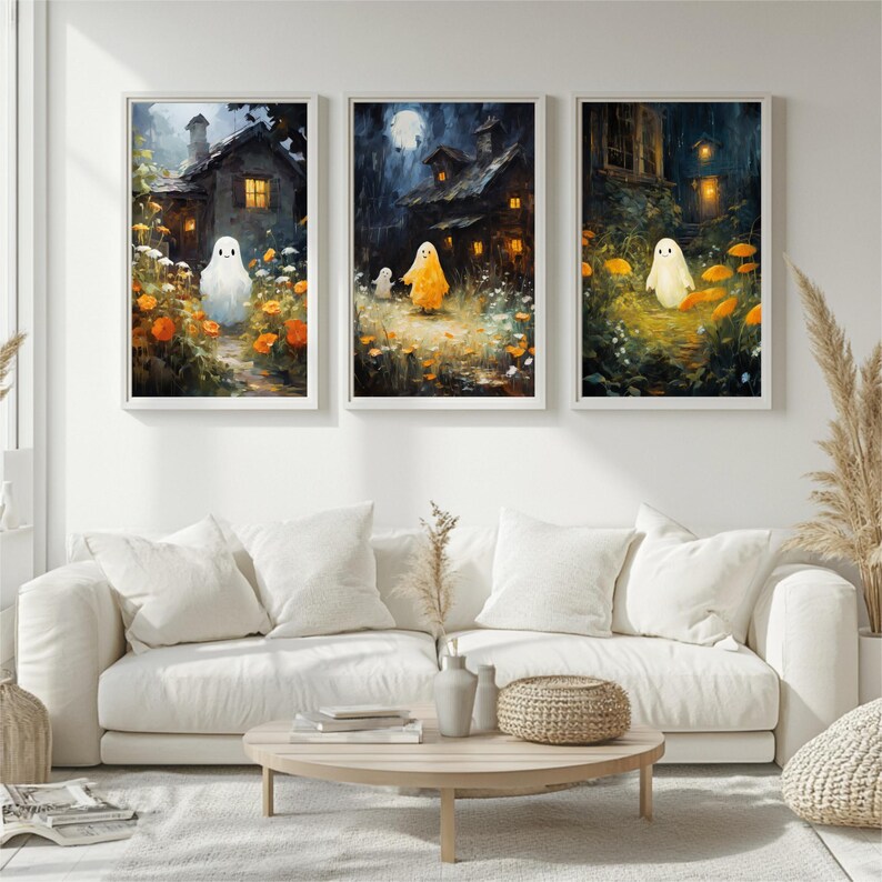 Cute Ghost Halloween Art Prints, Spooky Gallery Wall Set (digital ...