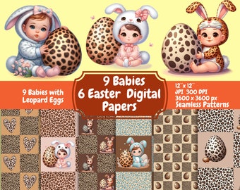 Bebés con HUEVOS DE LEOPARDO, Patrones de leopardo, Estampado de leopardo, Conejitos de Pascua, Patrones de Pascua, Imágenes prediseñadas de bebé lindo, Scrapbooking, uso comercial PNG