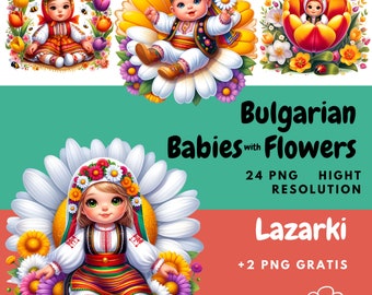 BULGARIAN Babies Clipart, Girls with Flowers, LAZARKI, Orthodox Easter, Bulgarian folklore, Bulgarian Boys Clipart, Cute babies flowers,PNG