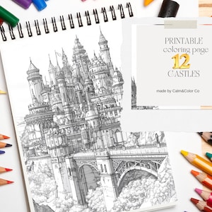 12 Majestic Castles Coloring Collection, Printable Castle Coloring Sheets, Stress-Relief Coloring Pages, PDF print, Download.