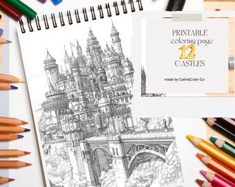 12 Majestic Castles Coloring Collection, Printable Castle Coloring Sheets, Stress-Relief Coloring Pages, PDF print, Download.