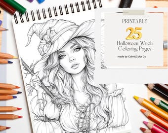 Cute Halloween Witch Coloring Sheets, Pumpkin Witch Coloring Adventures, Instant Download Halloween Coloring, Digital Coloring Pages