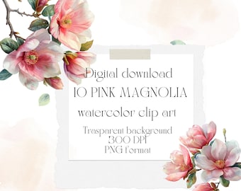 11 Watercolor Pink Magnolia Clipart Pack, Spring Flowers Clipart, High Quality PNG, Digital download, Paper craft, Junk journals