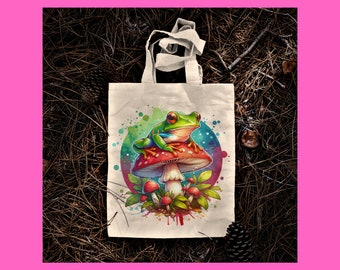 Frog And Mushroom Tote Bag, Market Bag, Canvas Tote Bag.