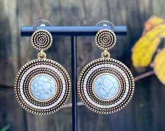Retro palace style-Bohemian style white turquoise hand-inlaid-925 silver needle earrings