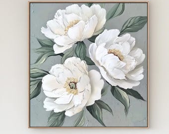 キャンバスに描かれた3Dの白い花のテクスチャ油絵：抽象的な花の壁