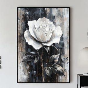 Peinture florale texturée 3D blanche, art texturé rose blanche 3D, peinture de fleurs roses en noir et blanc, art floral roses abstraits, déco florale