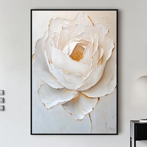 Large White Gold Flowers Painting on Canvas,Minimalist White Flower Art,3D Texture Floral Wall Art,White Texture Wall Art,Floral Wall Decor