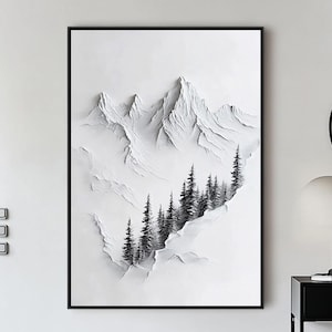Grande peinture à l'huile de montagne noir et blanc, art mural montagne moderne sur toile, peinture acrylique 3D de paysage, décoration d'art en plâtre blanc