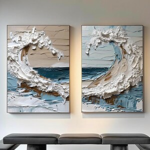 Lot de 2 grandes peintures à l'huile sur toile vagues de l'océan, art mural 3D bleu original avec texture paysage marin, vagues de l'océan bleu peinture décoration d'intérieur