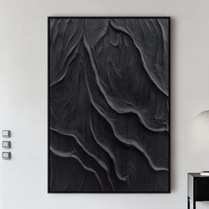 Große 3D schwarze abstrakte Malerei, moderne minimalistische Malerei, schwarze 3D-Texturmalerei auf Leinwand, schwarze Texturkunst, schwarze Gips-Wanddekoration