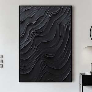 Große minimalistische schwarze 3D-Texturmalerei, schwarze abstrakte Malerei, schwarze Textur-Leinwand, schwarze 3D-Gipswandkunst, schwarze Wanddekoration