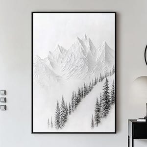 Grande forêt de montagne paysage, art mural montagne blanche, toile texturée 3D, peinture blanche au couteau, art de la chambre à coucher