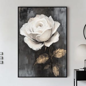 Peinture à l'huile 3D florale blanche, art élégant de roses épanouies, peinture texturée de roses blanches, art floral de paysage, décoration murale minimaliste de fleurs