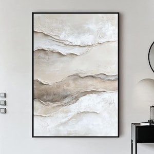 3D Cream Beige White Minimalist Painting on Canvas,Beige Wabi-Sabi Wall Art,Beach Textured Painting,Neutral Abstract Beige Frame TV Wall Art