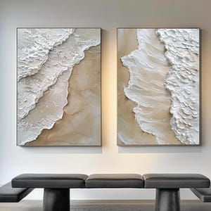 Ensemble de 2 peintures 3D vagues beiges minimalistes sur la plage, Ensemble de 2 œuvres d'art murales texturées beiges, Art moderne sur toile vagues 3D blanc cassé, Décoration murale pour canapé