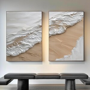 2 jeux de peintures murales blanc cassé texture de plage, peintures murales 3D texture paysage marin, peintures murales abstraites minimalistes sur toile plage, décoration de chambre à coucher