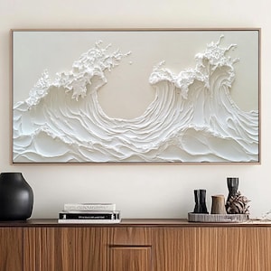 3D Cream White Minimalist Ocean Waves Art Painting,White Texture Wave Painting,Modern Seascape Art,Soft Neutral Coastal Home Wall Decor
