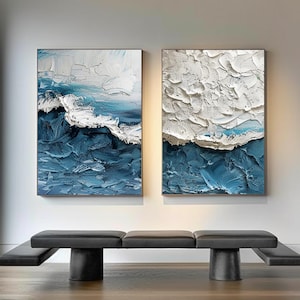 Lot de 2 grandes peintures à l'huile sur toile océan, art texturé bleu 3D paysage marin original, 2 oeuvres d'art mural, peintures vagues océan bleu, décoration intérieure