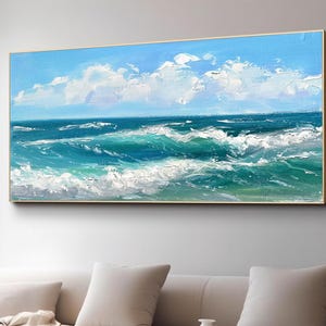 Peinture décorative abstraite vagues de nuages bleus et blancs, peinture à l'huile 3D de plage, art abstrait de texture blanche, décoration intérieure moderne